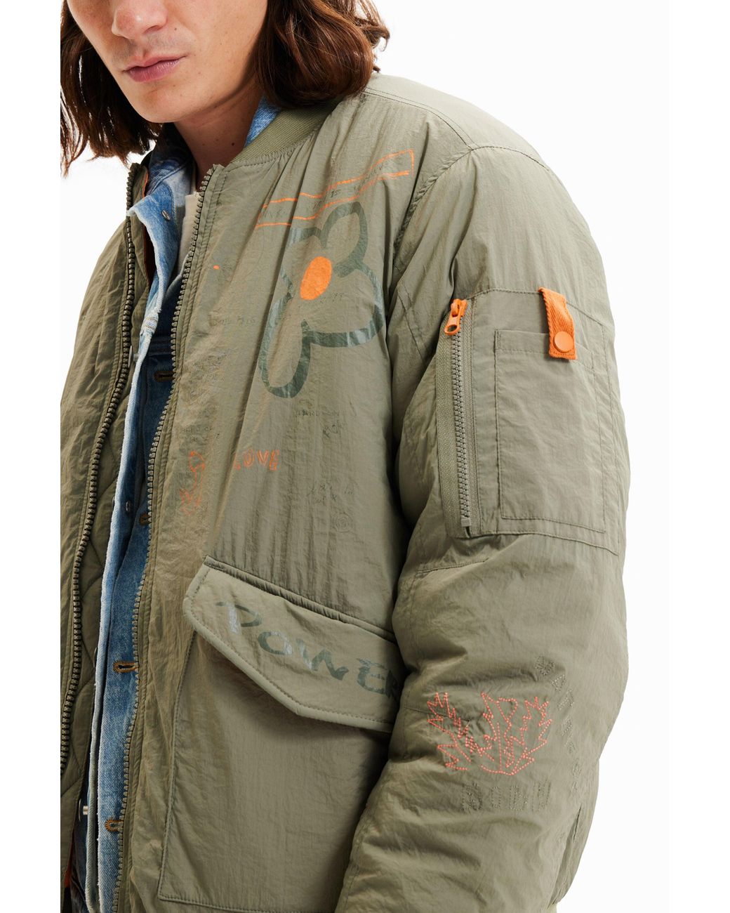 Desigual Green Flower Bomber Jacket, Polyamide for men