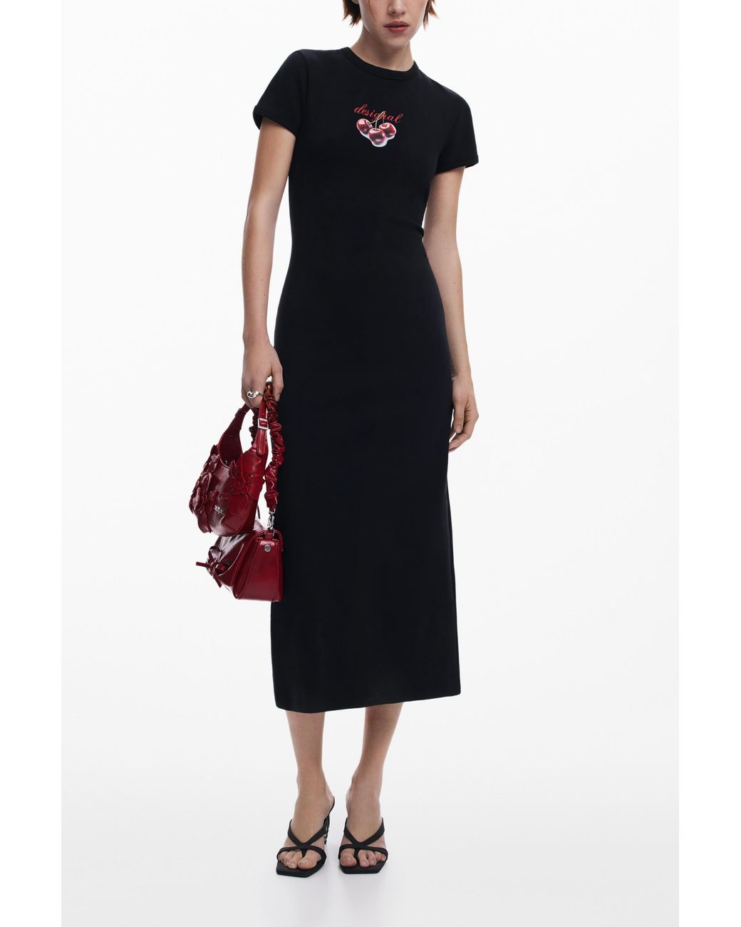Desigual Blue Ribbed Midi Dress Cherries, Cotton