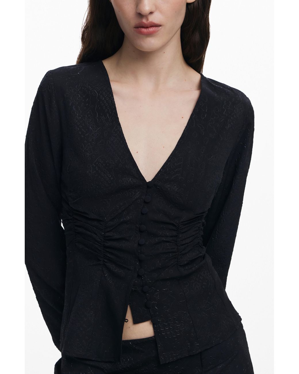 Desigual Blue V-Neck Lace Blouse, Polyester