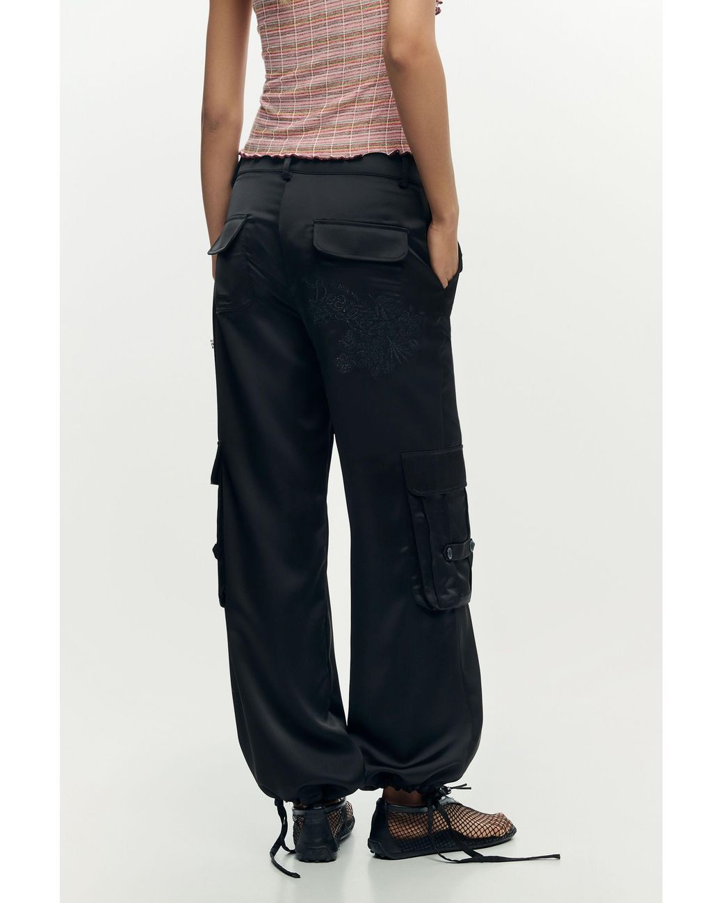 Desigual Black Satin Cargo Pants, Polyester