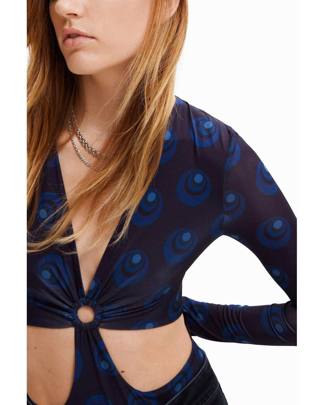 Desigual Blue Geometric Circle Print Body With Cut-Outs, Polyester