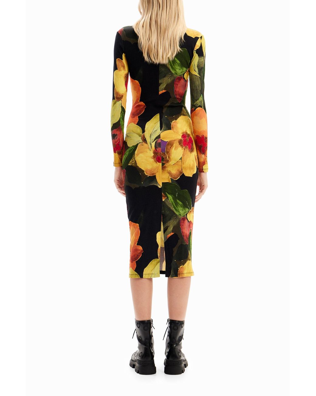Desigual Black Slim Floral Midi Dress, Viscose