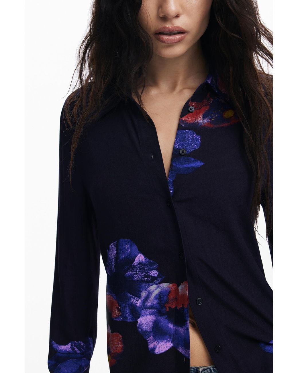 Desigual Blue Gathered Floral Fluid Shirt, Viscose