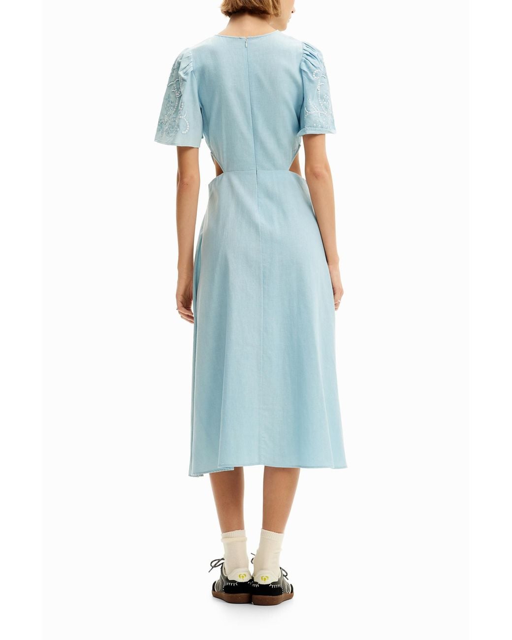 Desigual Blue Embroidered Cut-Out Midi Dress