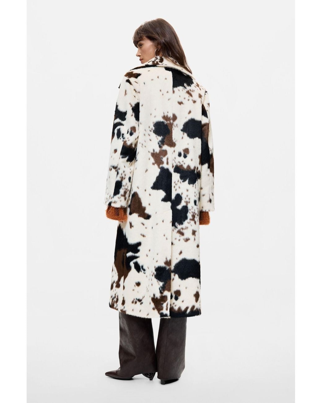 Desigual White Straight Coat With Animal Print Fur
