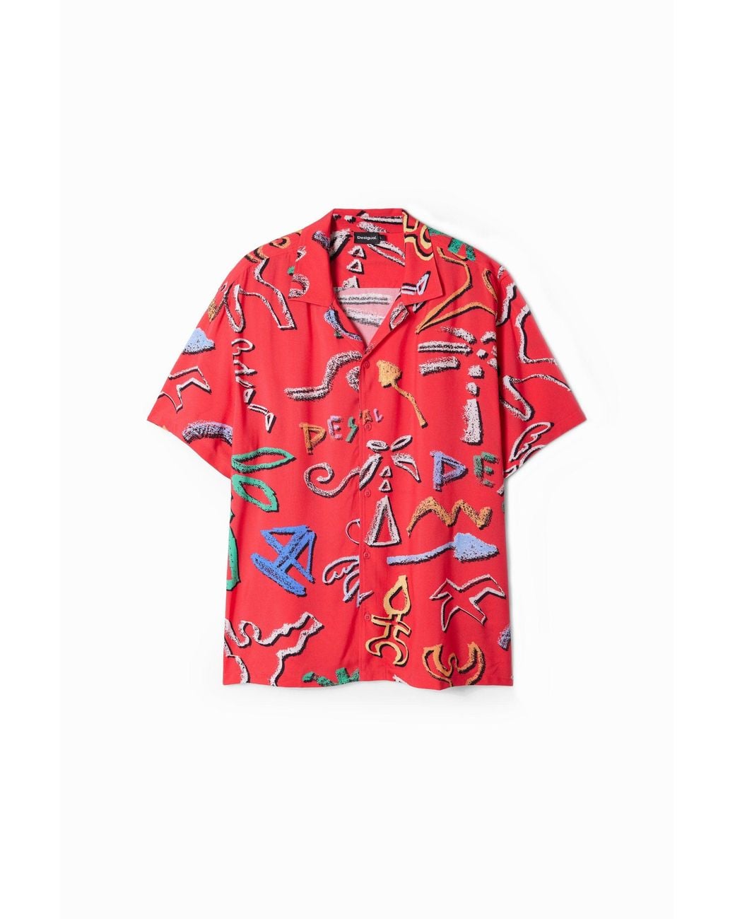 Desigual Red Shirt With Artistic Motifs, Viscose for men