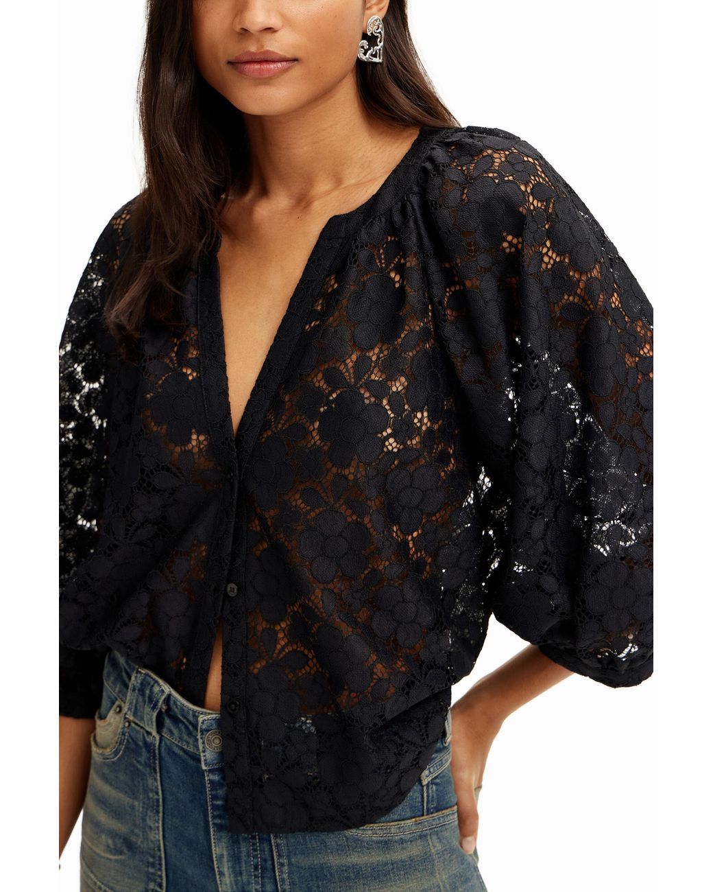 Desigual Black Floral Lace Blouse, Polyester