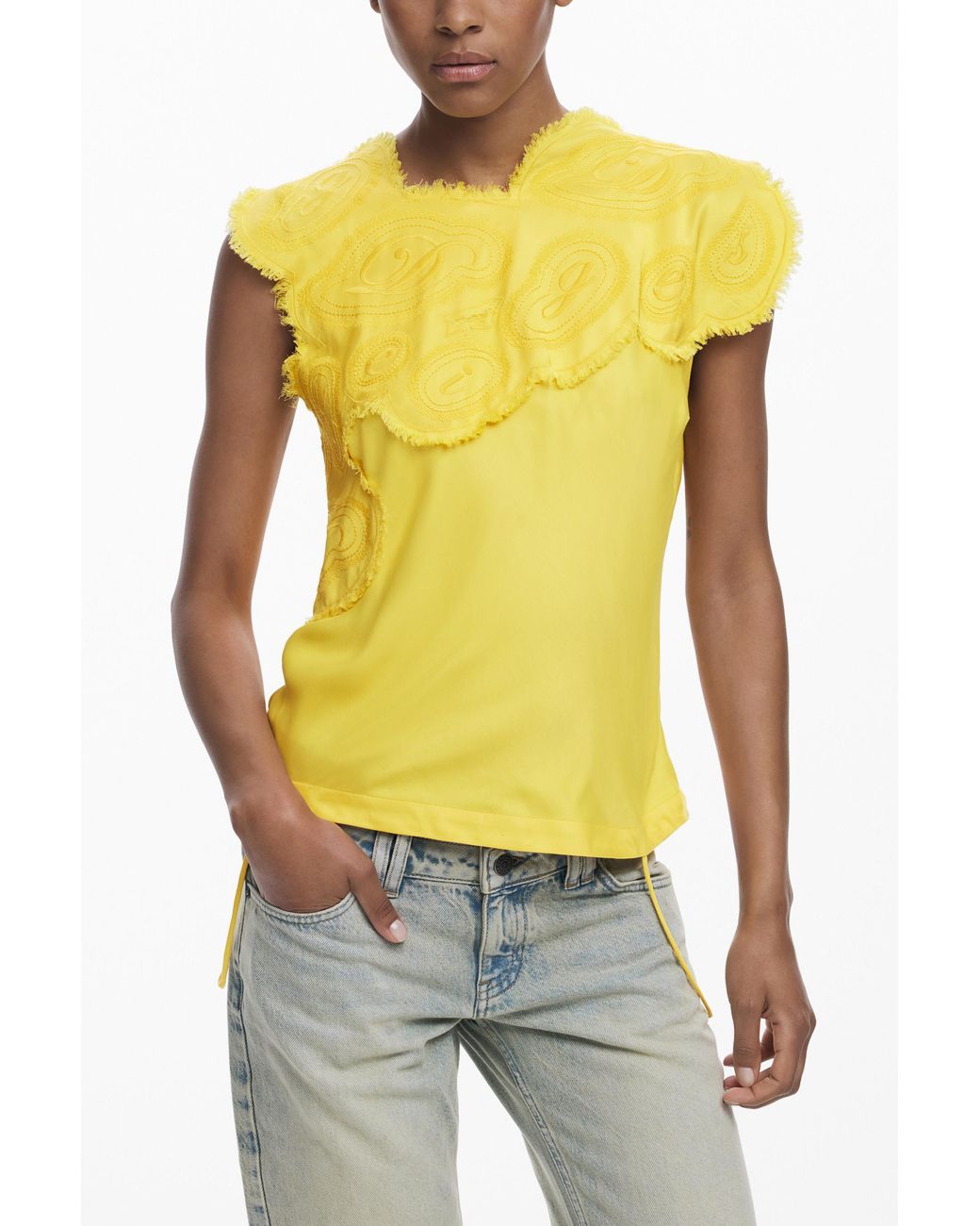 Desigual Yellow Embroidered Blouse, Viscose