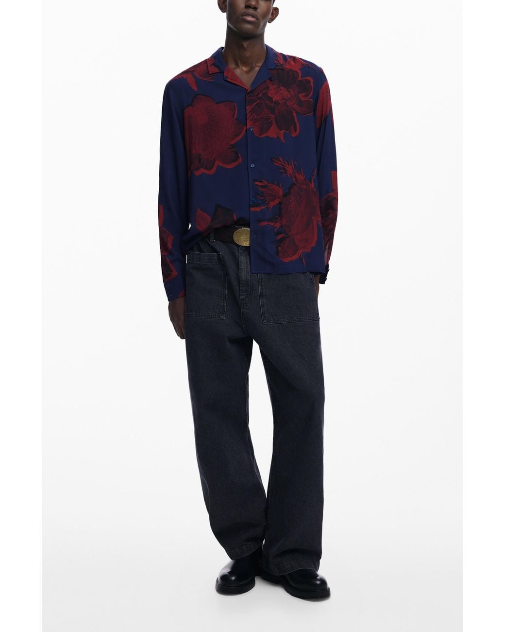 Desigual Blue Dark Floral Shirt, Viscose for men