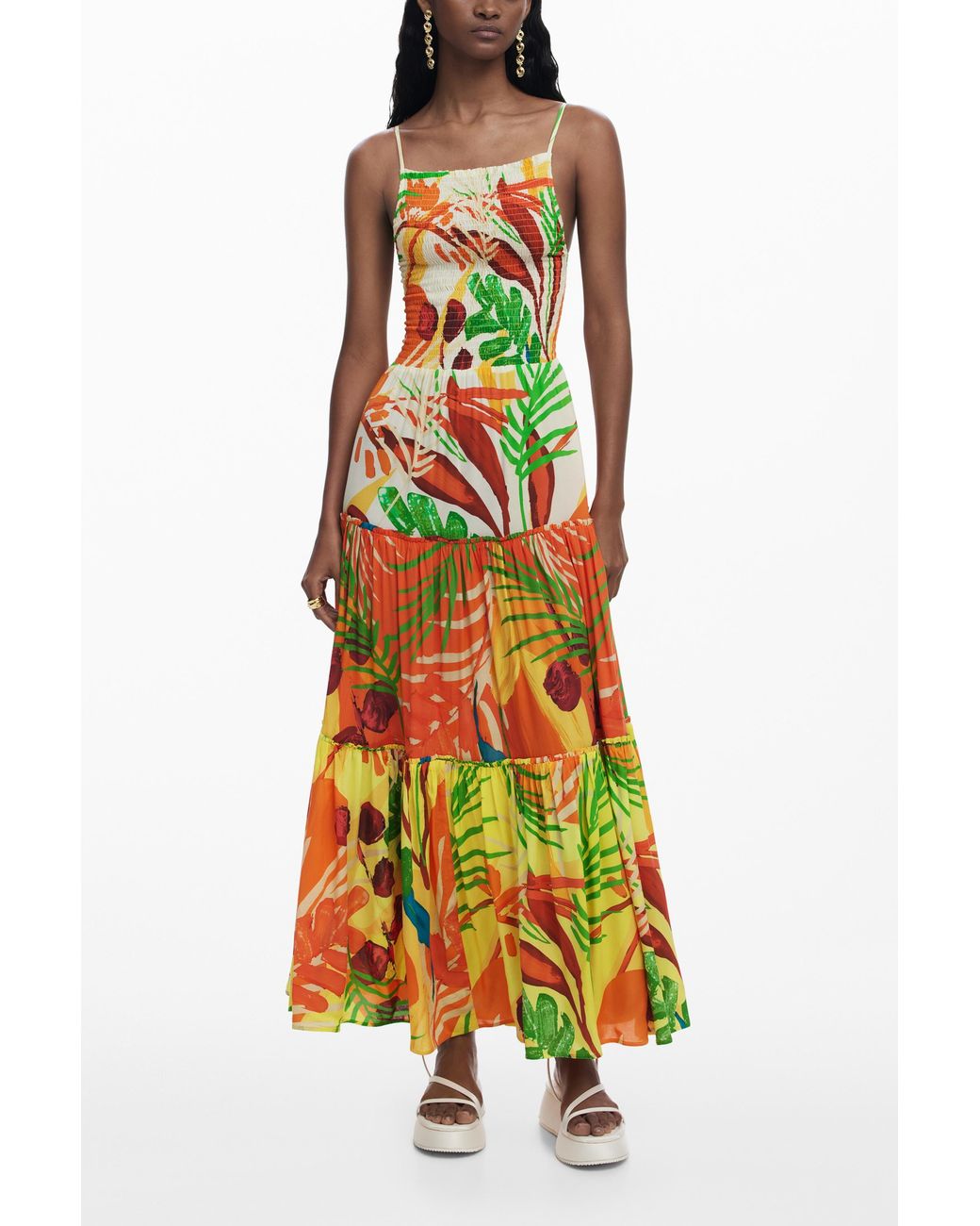Desigual White Tropical Ruffle Dress, Viscose