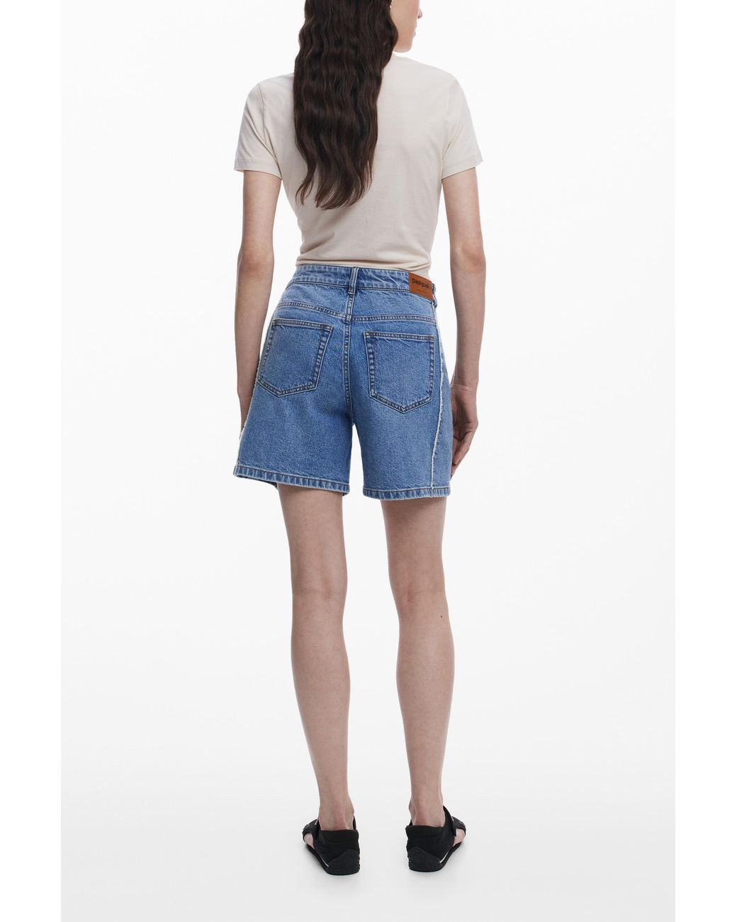 Desigual Blue Denim Bermuda Shorts With Stitching, Cotton