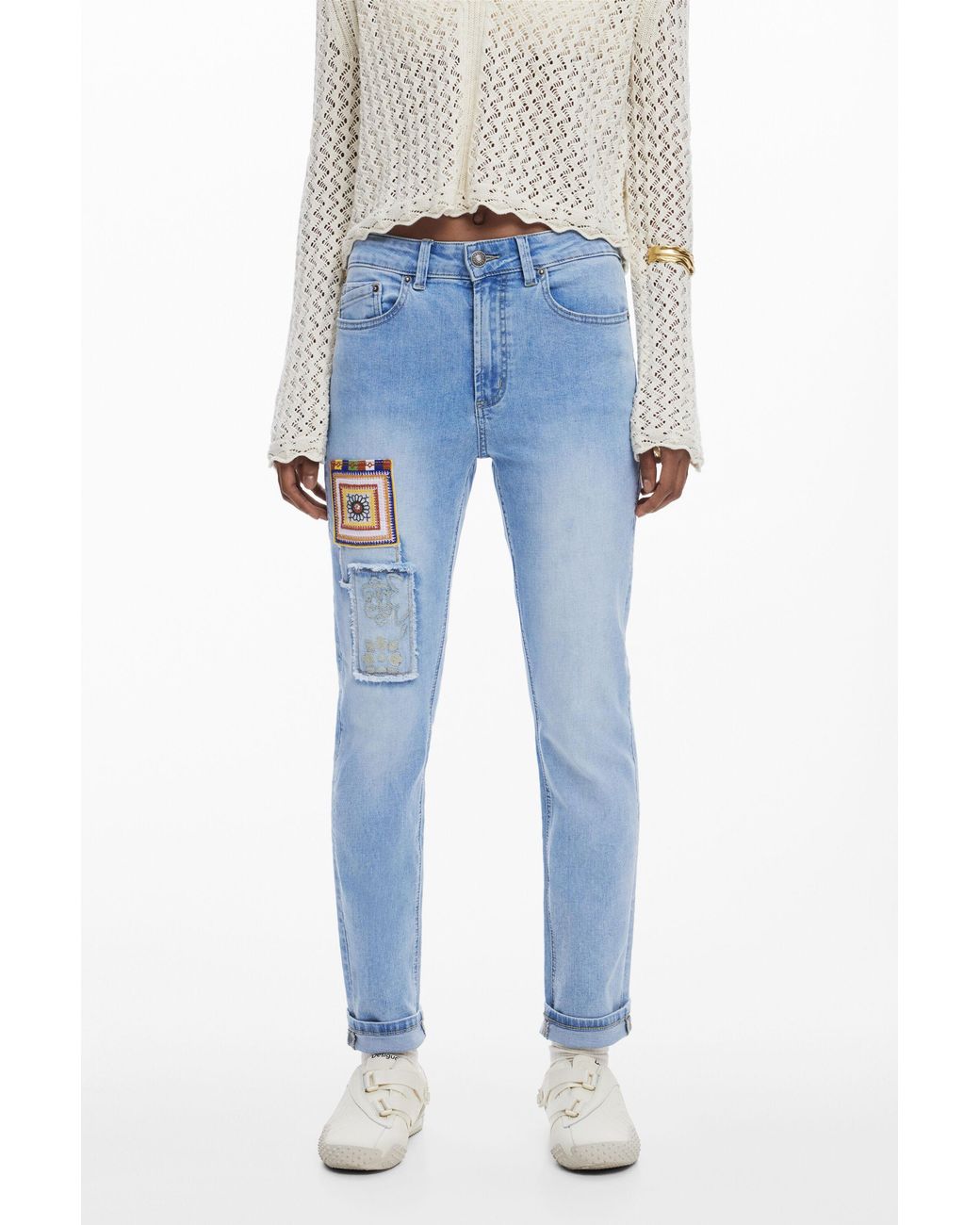 Desigual Blue Slim Jeans With Patches, Cotton