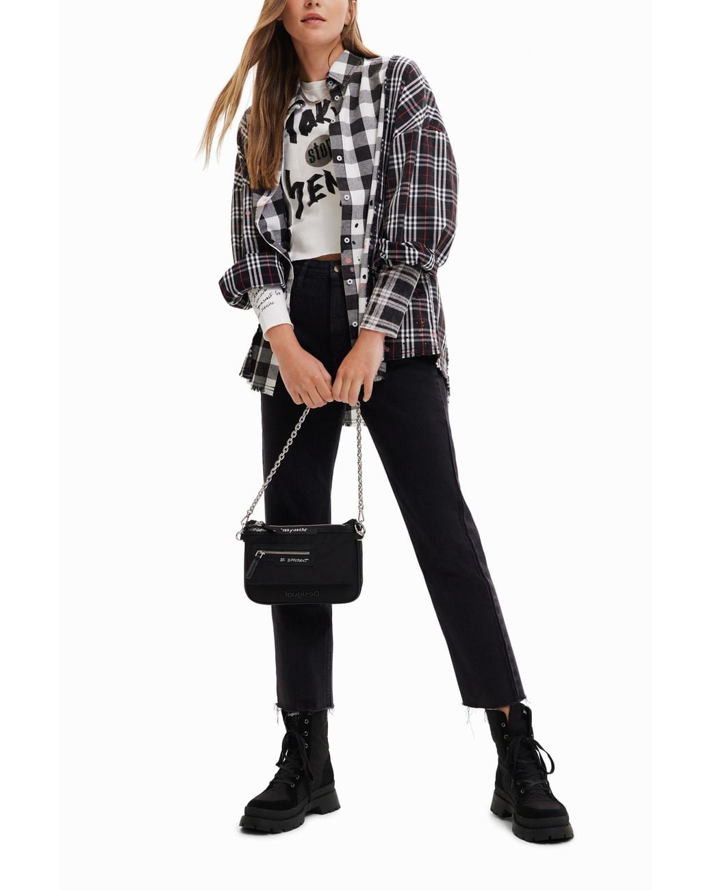 Desigual White Patchwork Plaid Shirt, Cotton