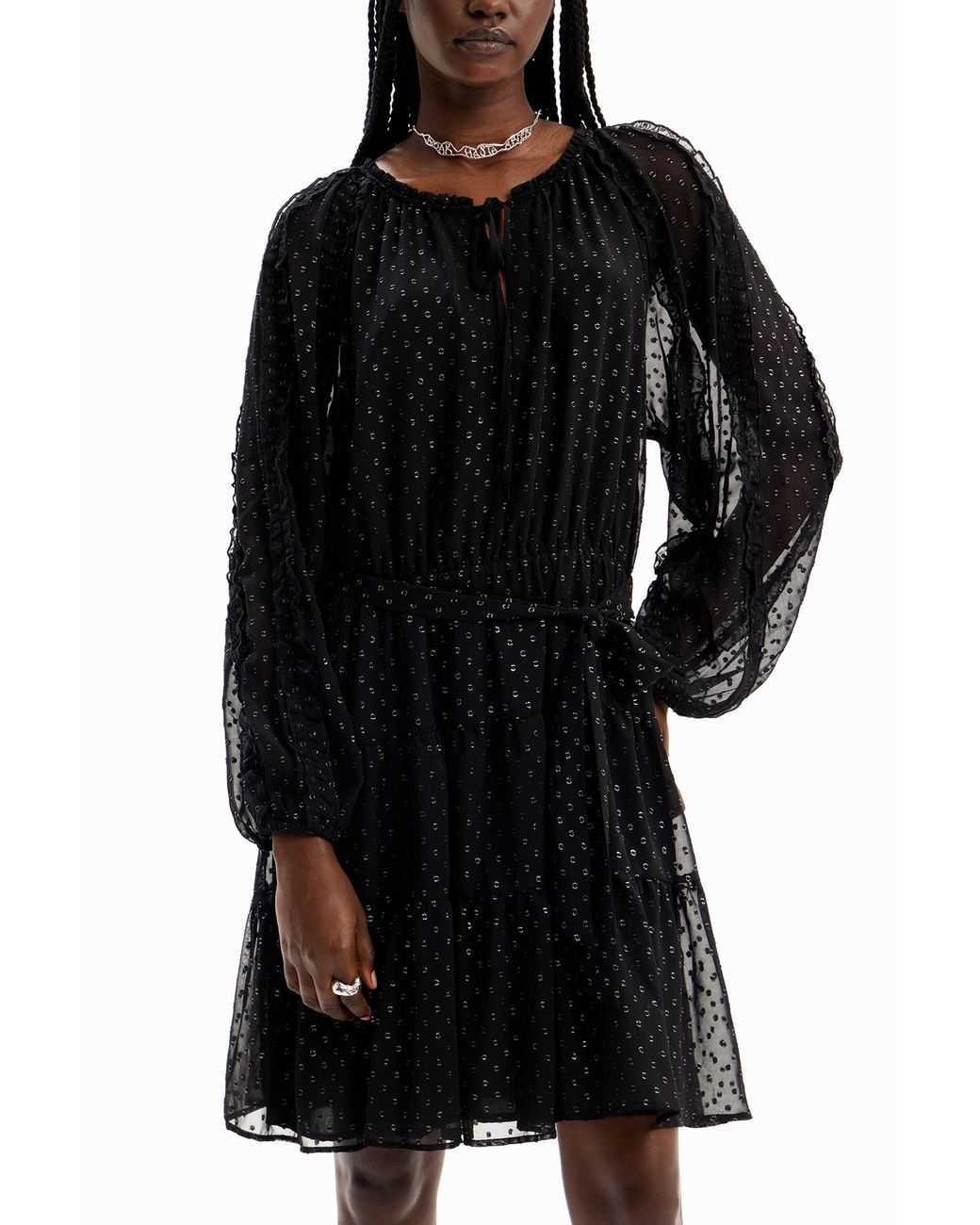 Desigual Black Short Plumeti Chiffon Dress, Polyester