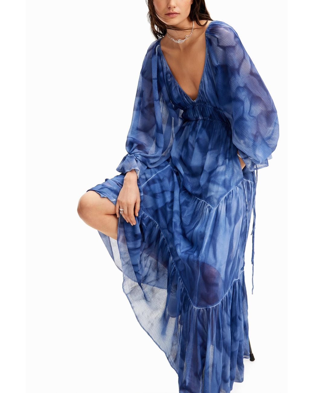 Desigual Blue Long Tie Dress, Polyester