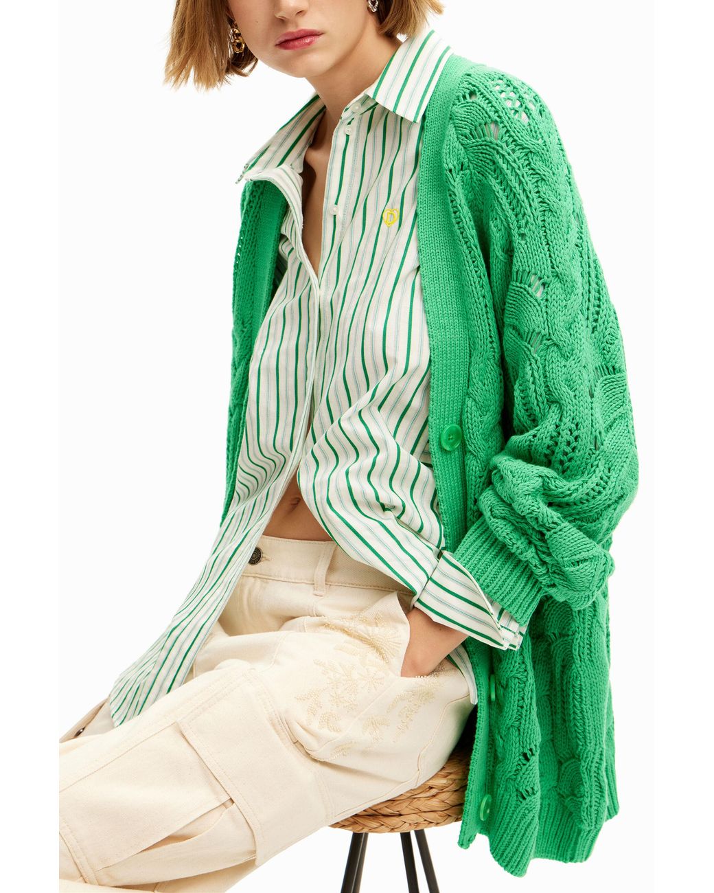 Desigual Green Oversize Openwork Cardigan