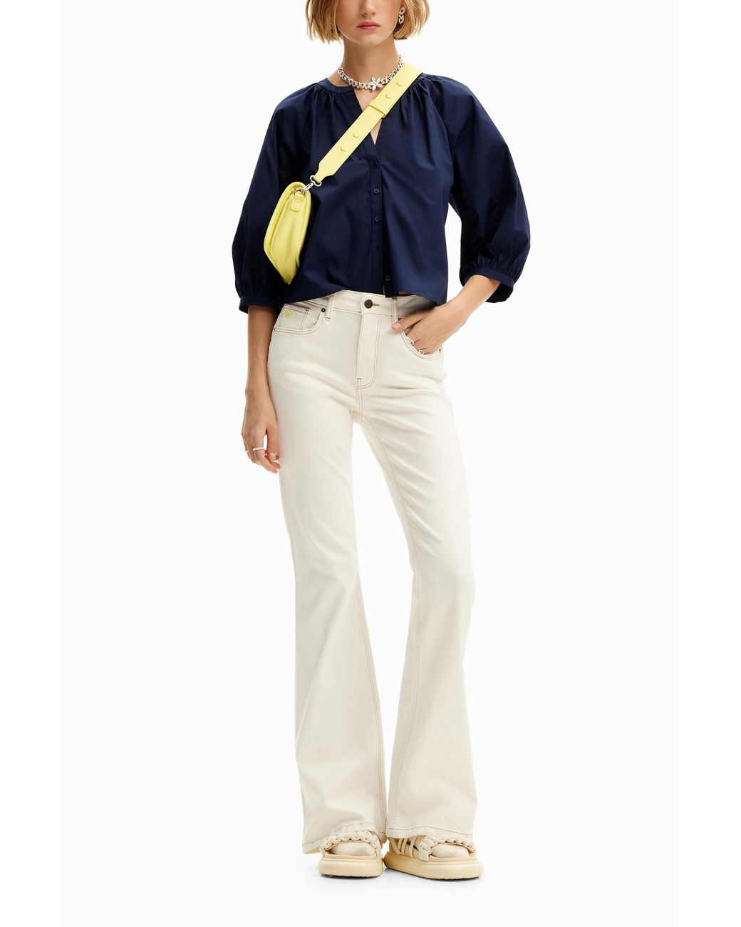 Desigual Blue V-Neck Poplin Blouse, Cotton