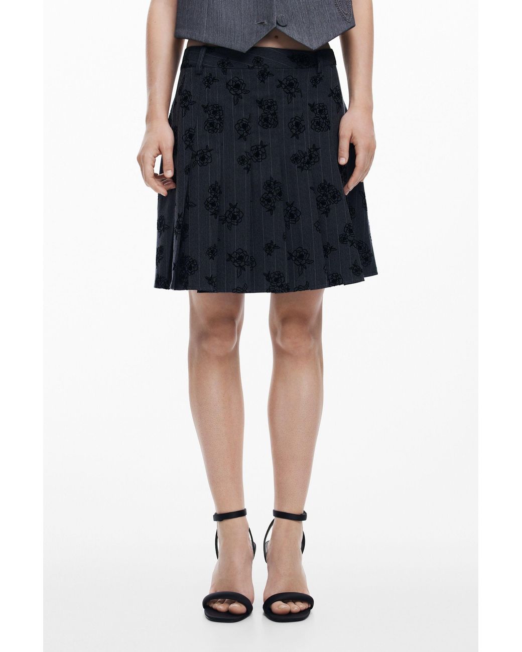 Desigual Black Pleated Print Skirt