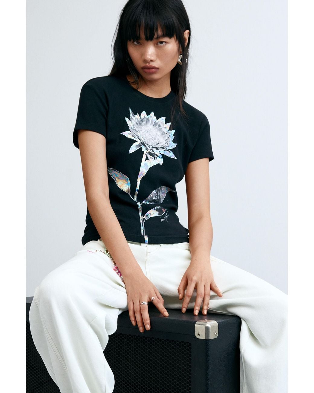 Desigual Black Floral Print T-Shirt, Cotton