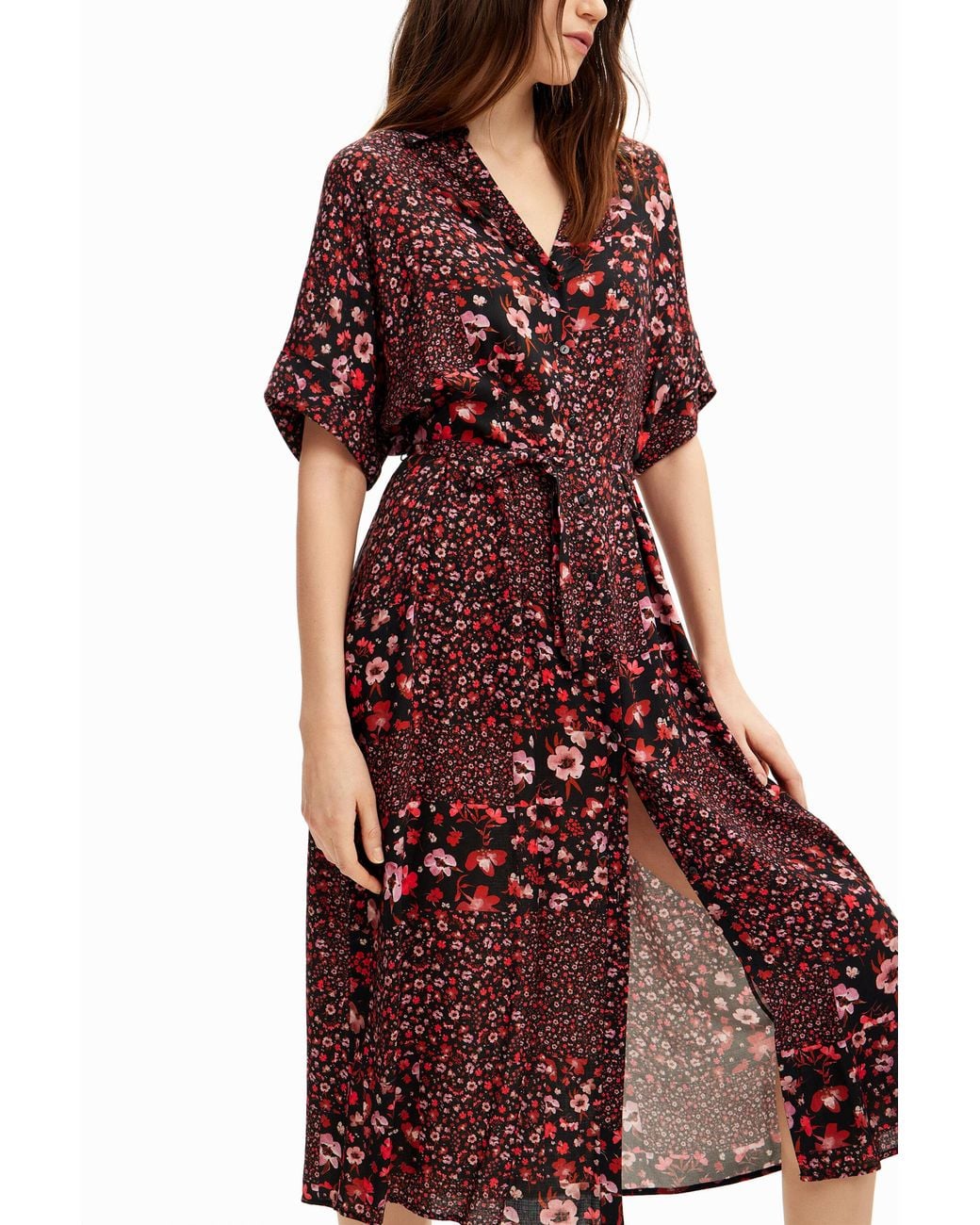 Desigual Red Floral Midi Shirt Dress, Viscose