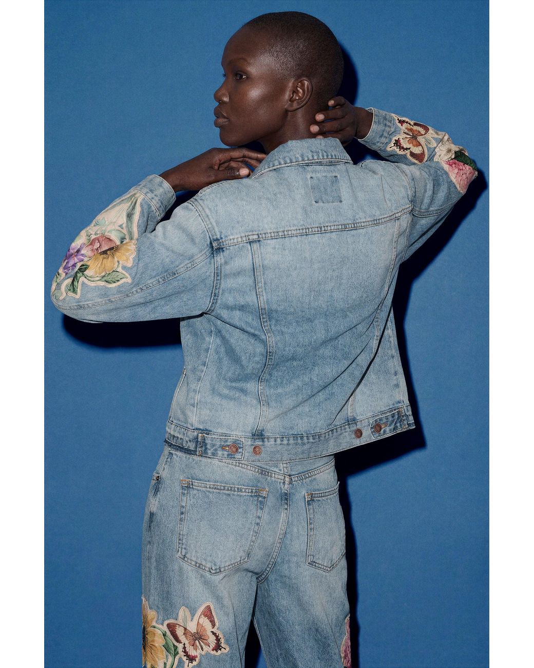 Desigual Blue Embroidered Denim Jacket, Cotton