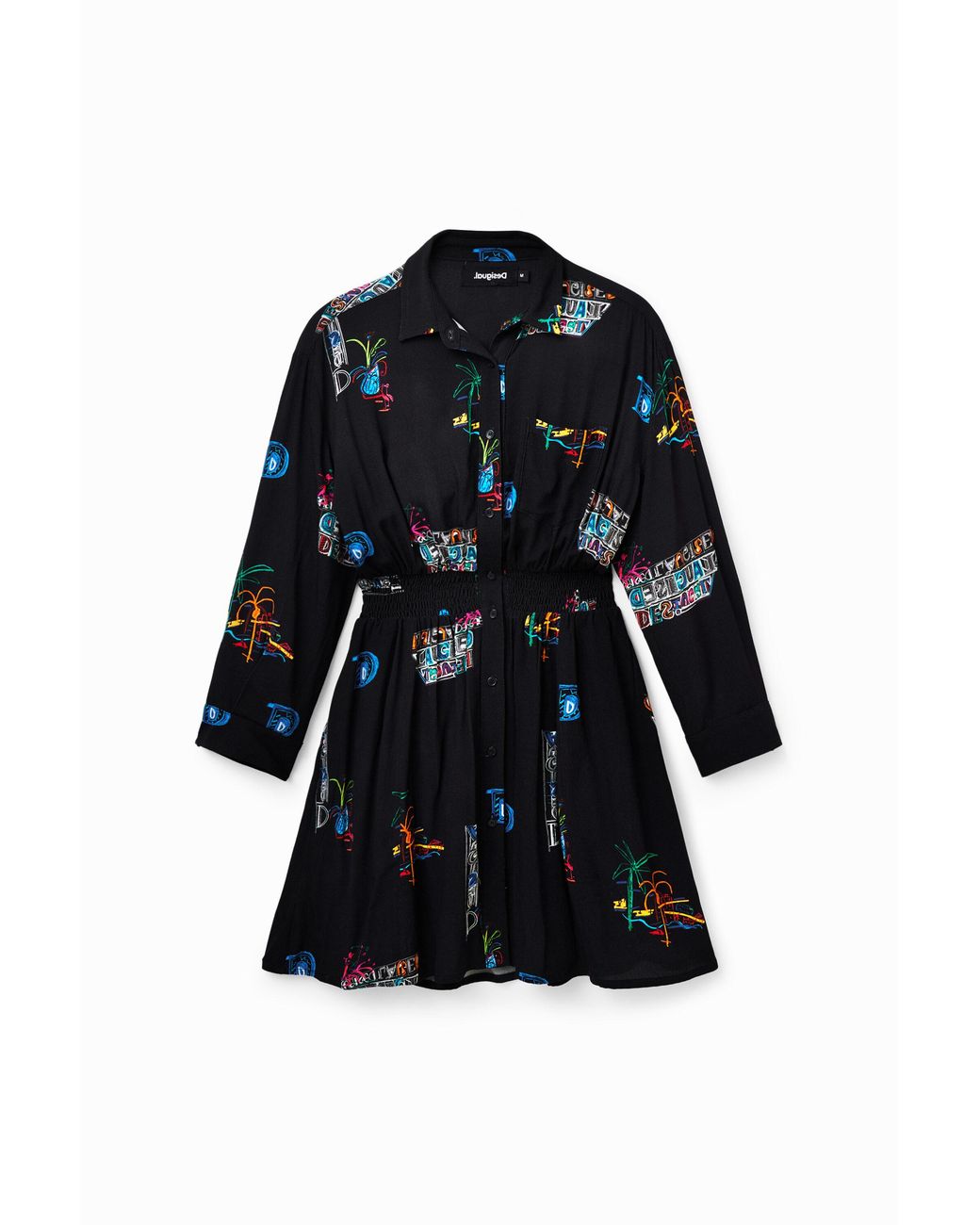 Desigual Black Short Illustration Shirt Dress, Viscose