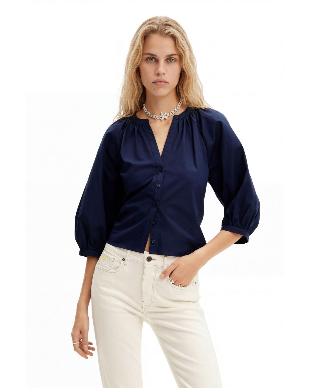 Desigual Blue V-Neck Poplin Blouse, Cotton