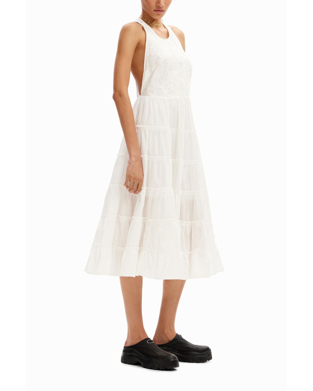Desigual White M. Christian Lacroix Plunging Midi Dress, Cotton