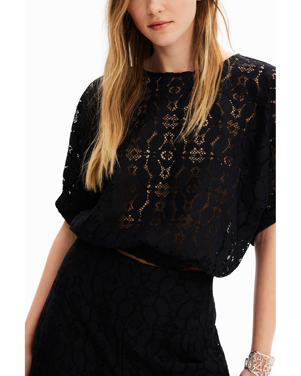 Desigual Black Short Puff-Sleeve Lace Blouse, Polyester