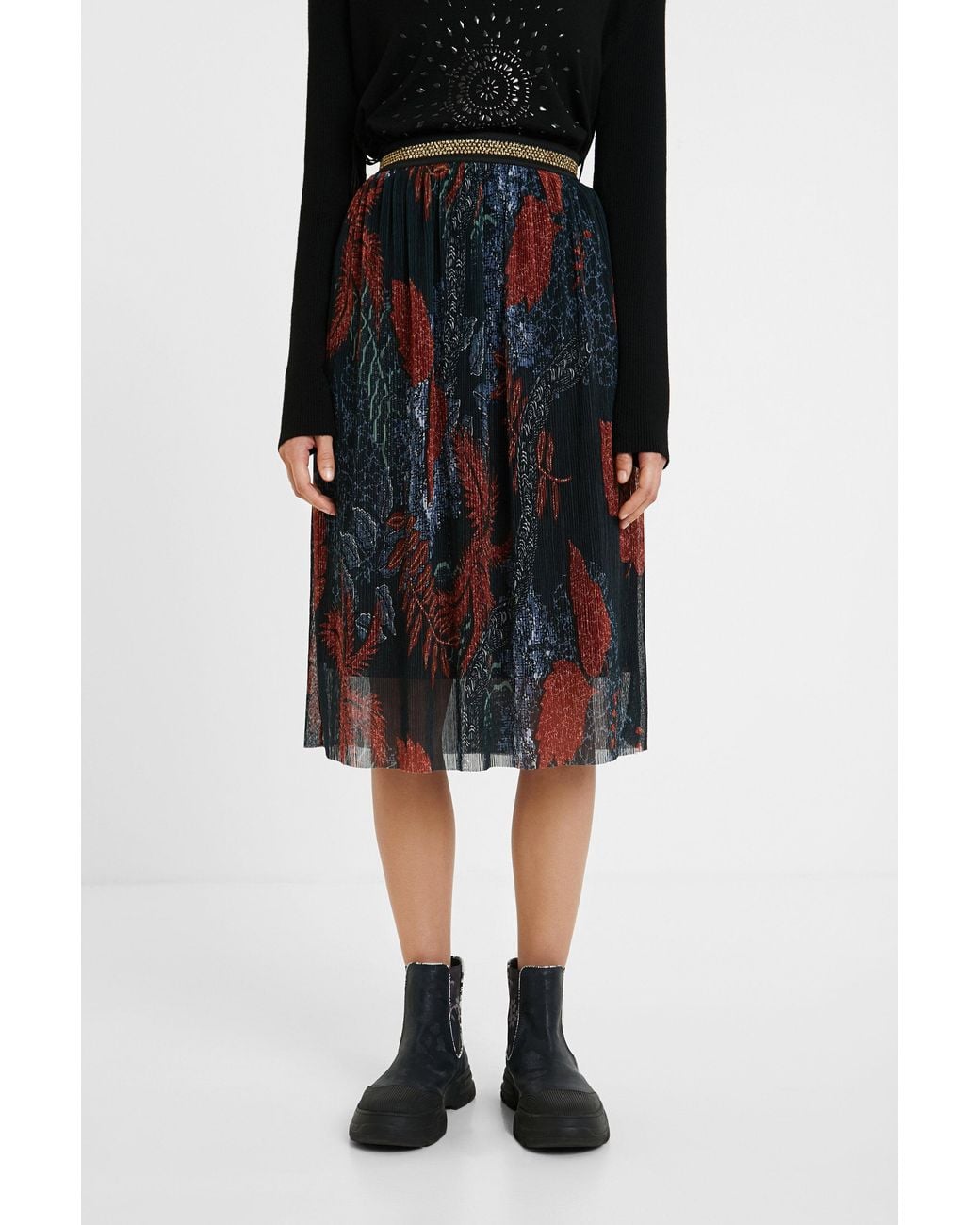 Desigual Black Floral Pleated Midi-Skirt, Polyester