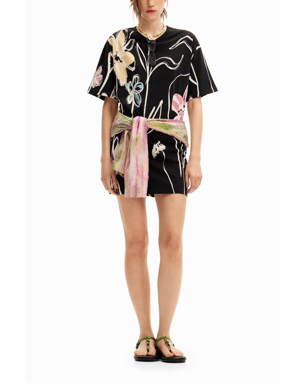 Desigual Black Short Dress With Illustrated Flowers, Cotton
