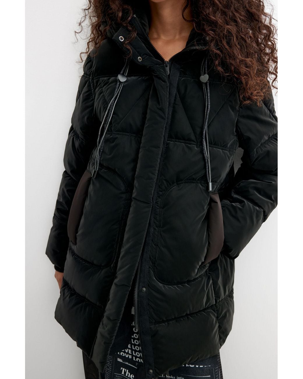 Desigual Black Long Padded Coat, Polyurethane