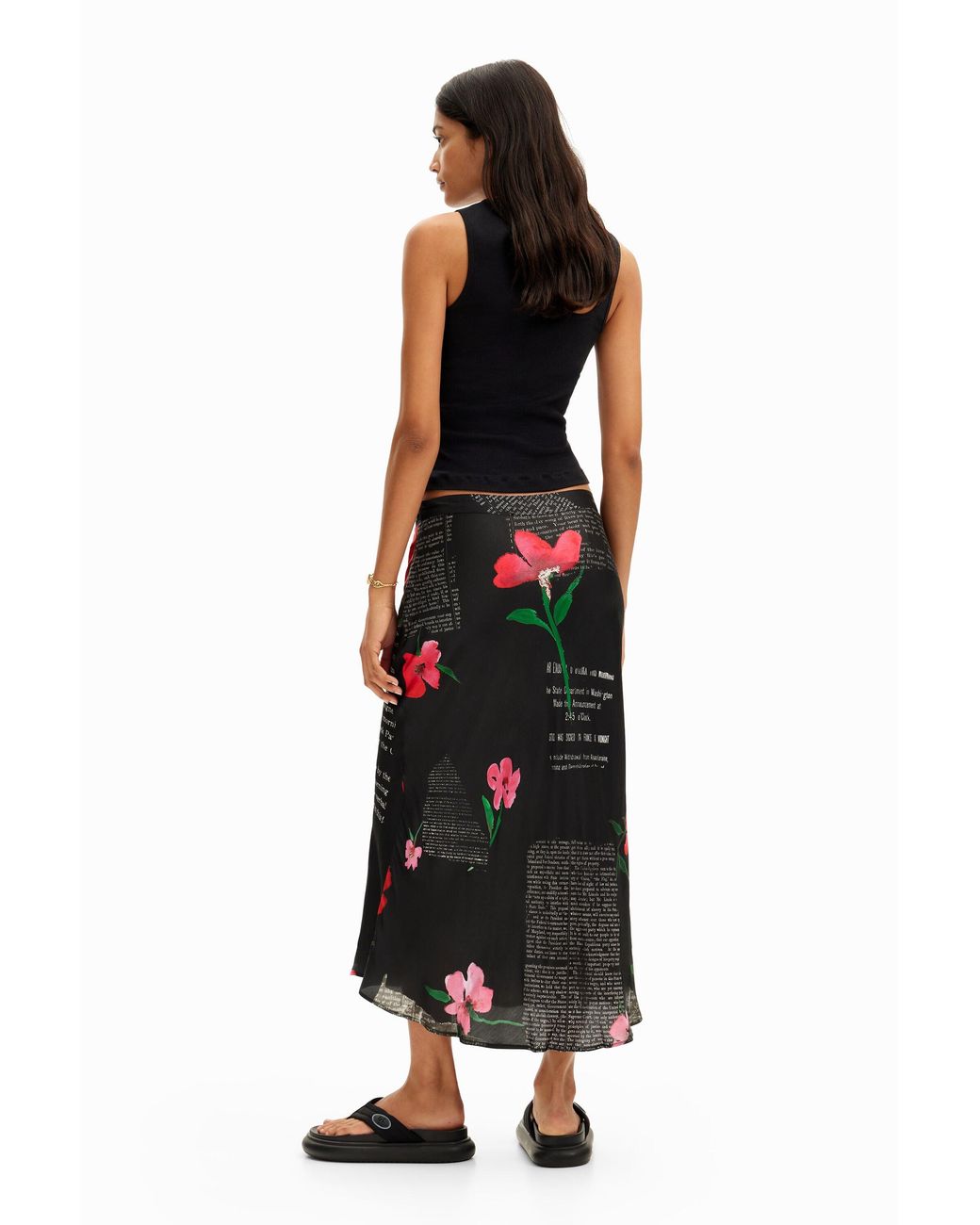 Desigual Black Text Slip Midi Skirt, Viscose