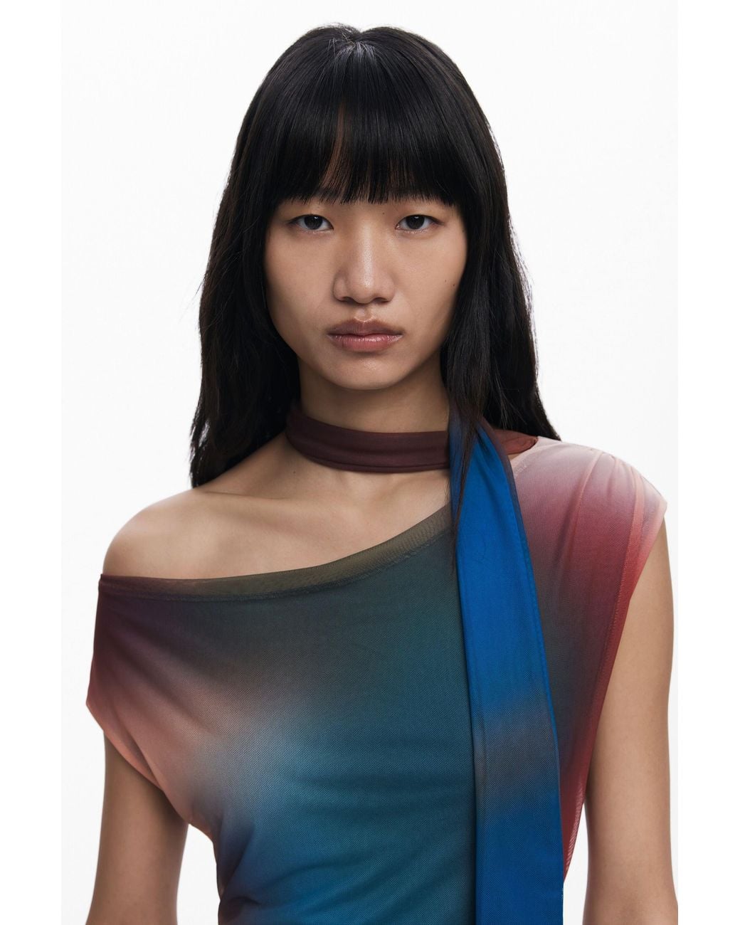 Desigual Blue Draped Dress With Irregular Neckline, Polyester