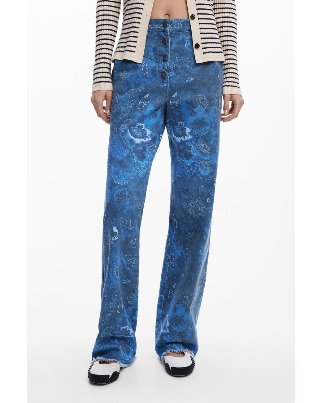 Desigual Blue Paisley Twill Trousers, Cotton