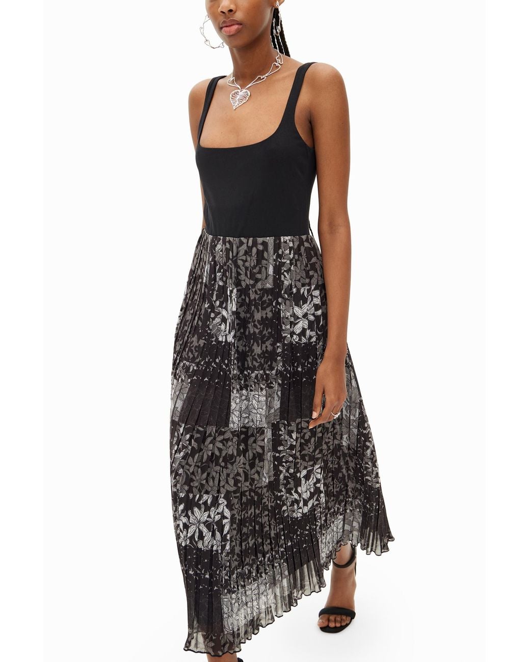 Desigual Black Pleated Combination Midi Dress