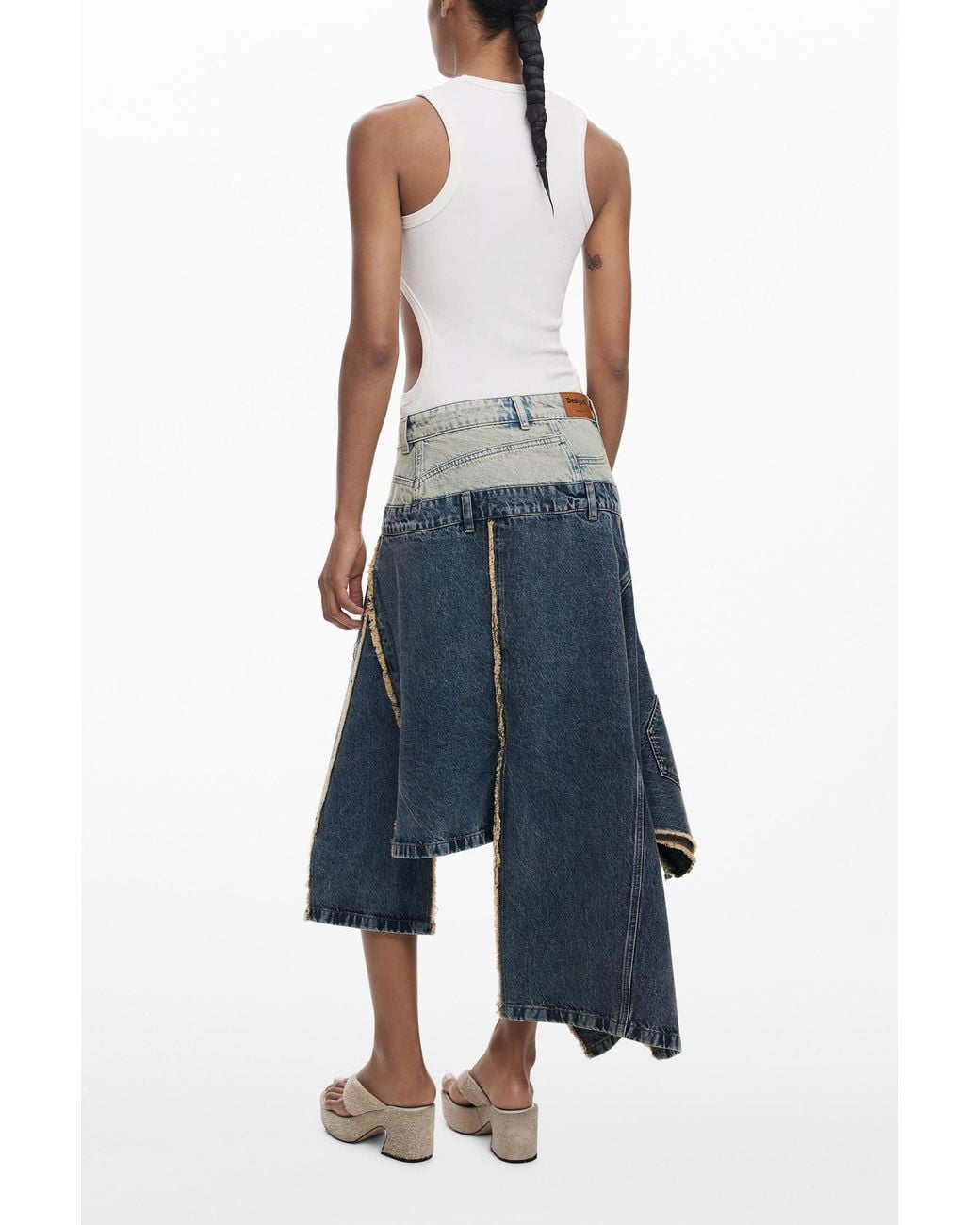 Desigual Blue Long Skirt With Double Waistband, Cotton