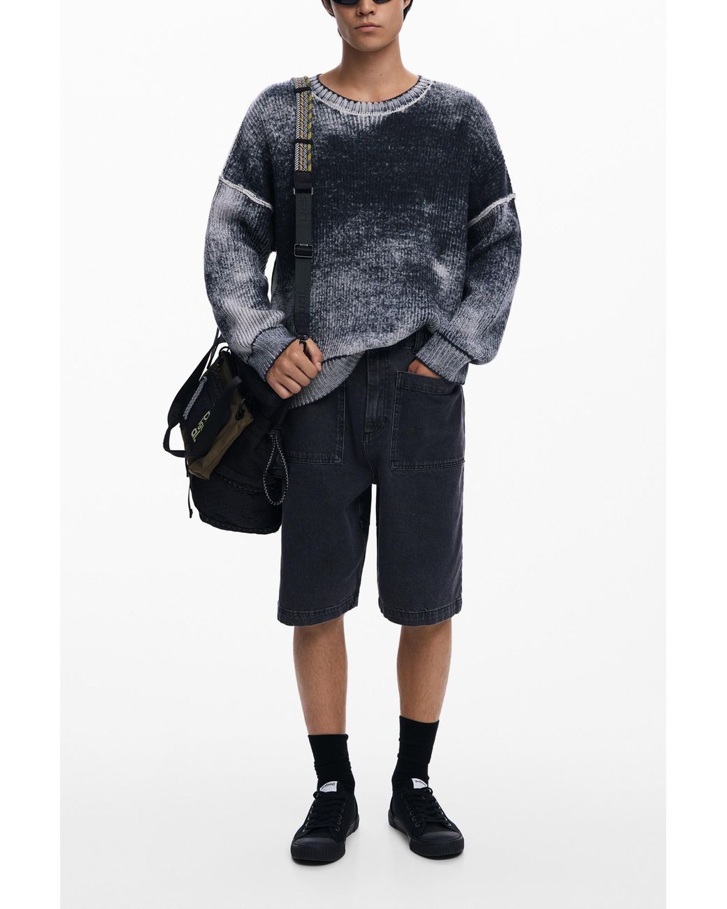 Desigual Blue Distressed Knit Sweater for men