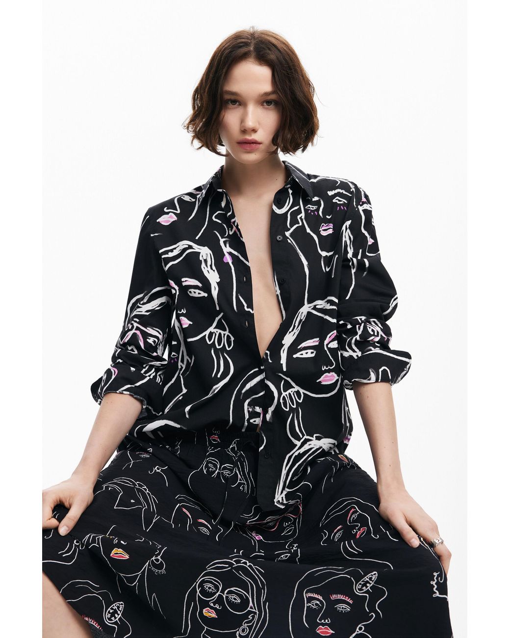 Desigual Black Face Print Shirt, Cotton