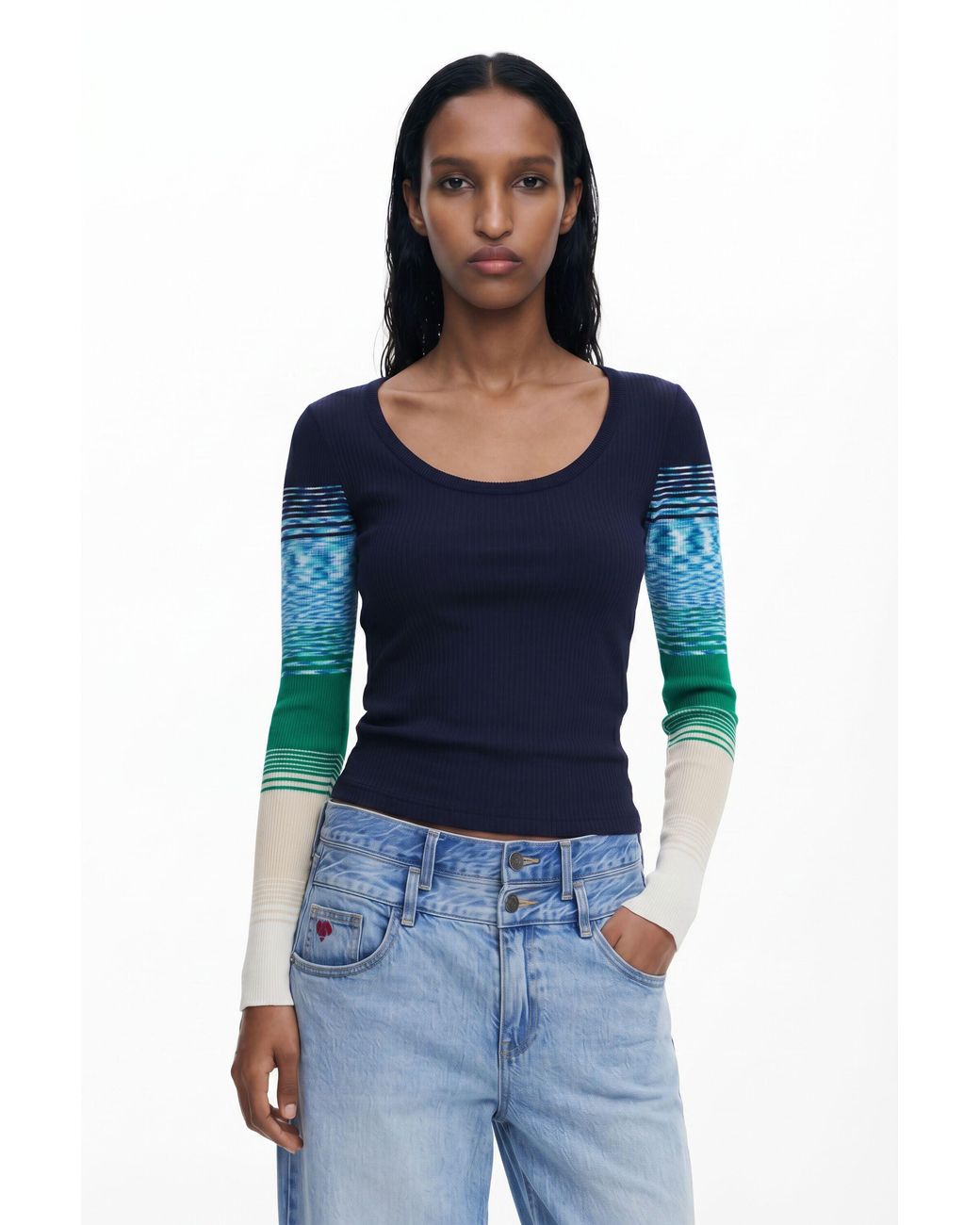 Desigual Blue T-Shirt With Printed Sleeves