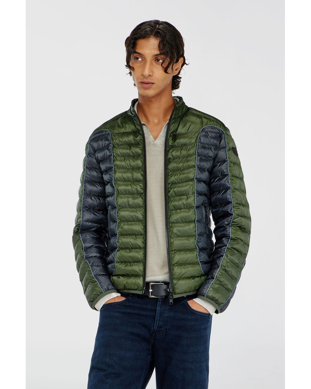 DIESEL Green Biker-Style Puffer Jacket With Colour-Block Design for men