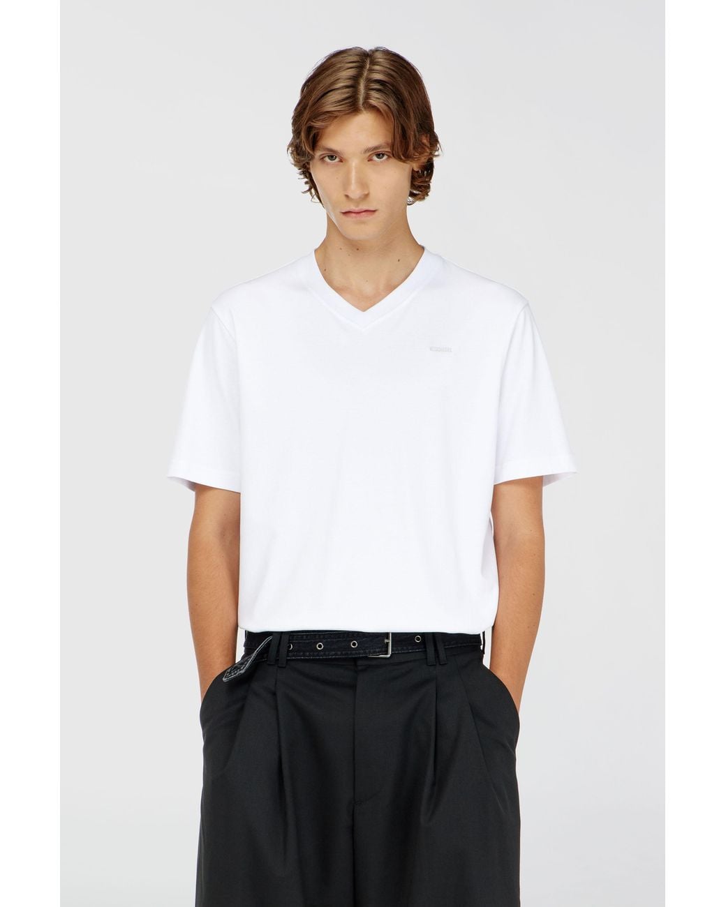 DIESEL White V-Neck T-Shirt With Micro Logo Embroidery for men