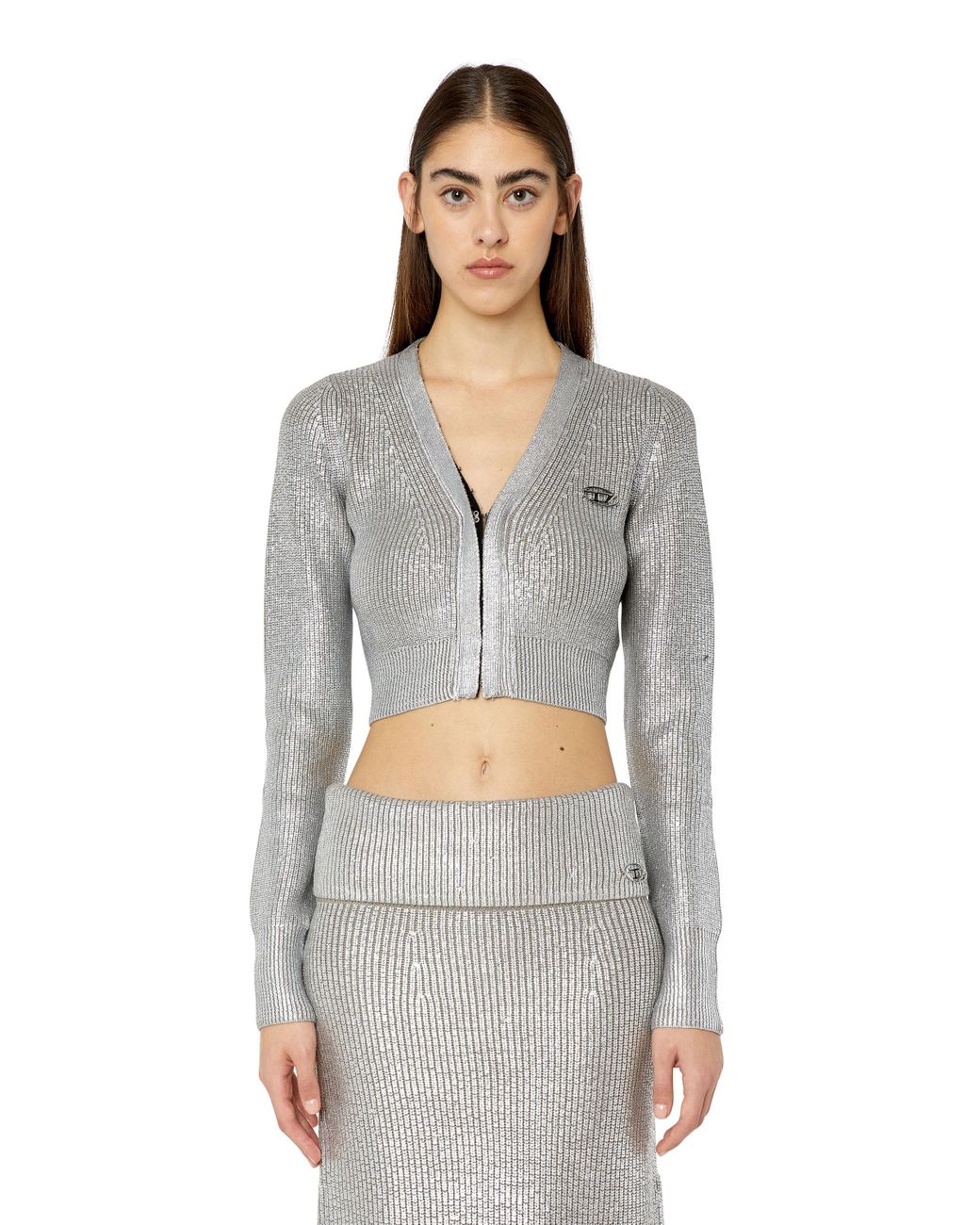 DIESEL Cropped Cardigan In Metallic Wool Knit in Gray Lyst