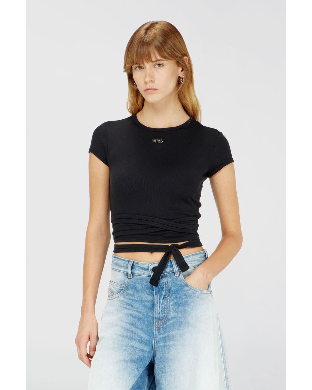 DIESEL Black Ribbed T-Shirt With Wrap-Around Laces