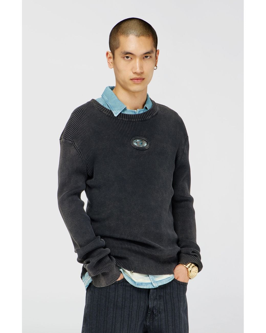 DIESEL Black Cut-Out Ribbed Jumper With Oval D Plaque for men