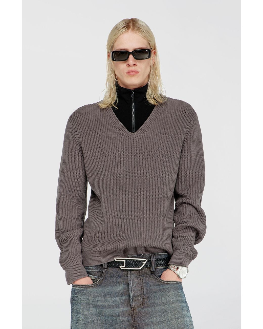 DIESEL Gray Half-Zip Sweater With Layered Neckline for men