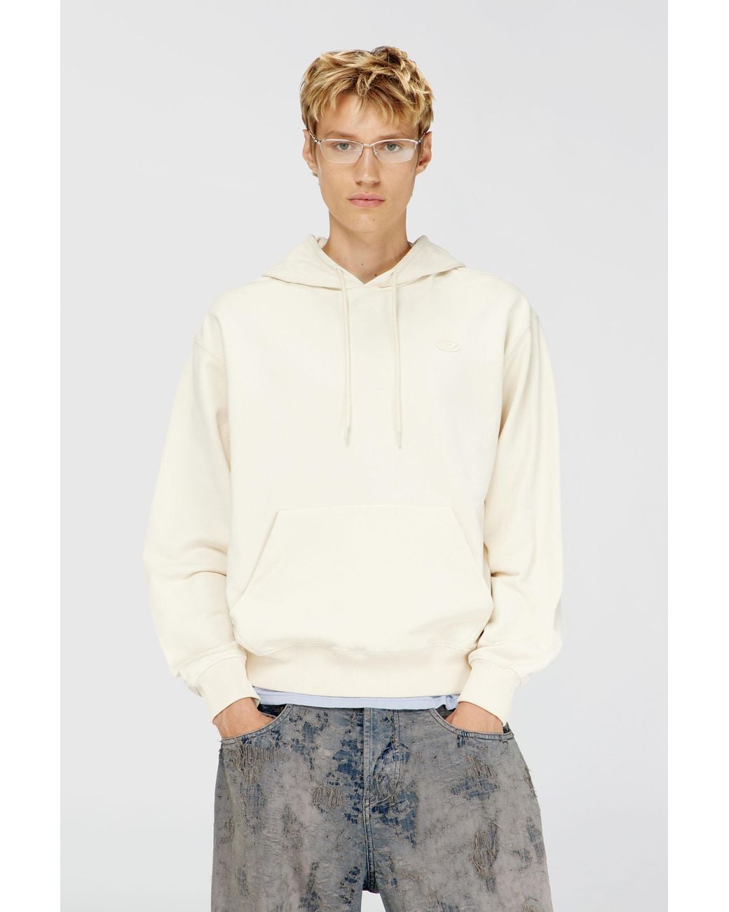 DIESEL White Hoodie With Oval D Logo for men