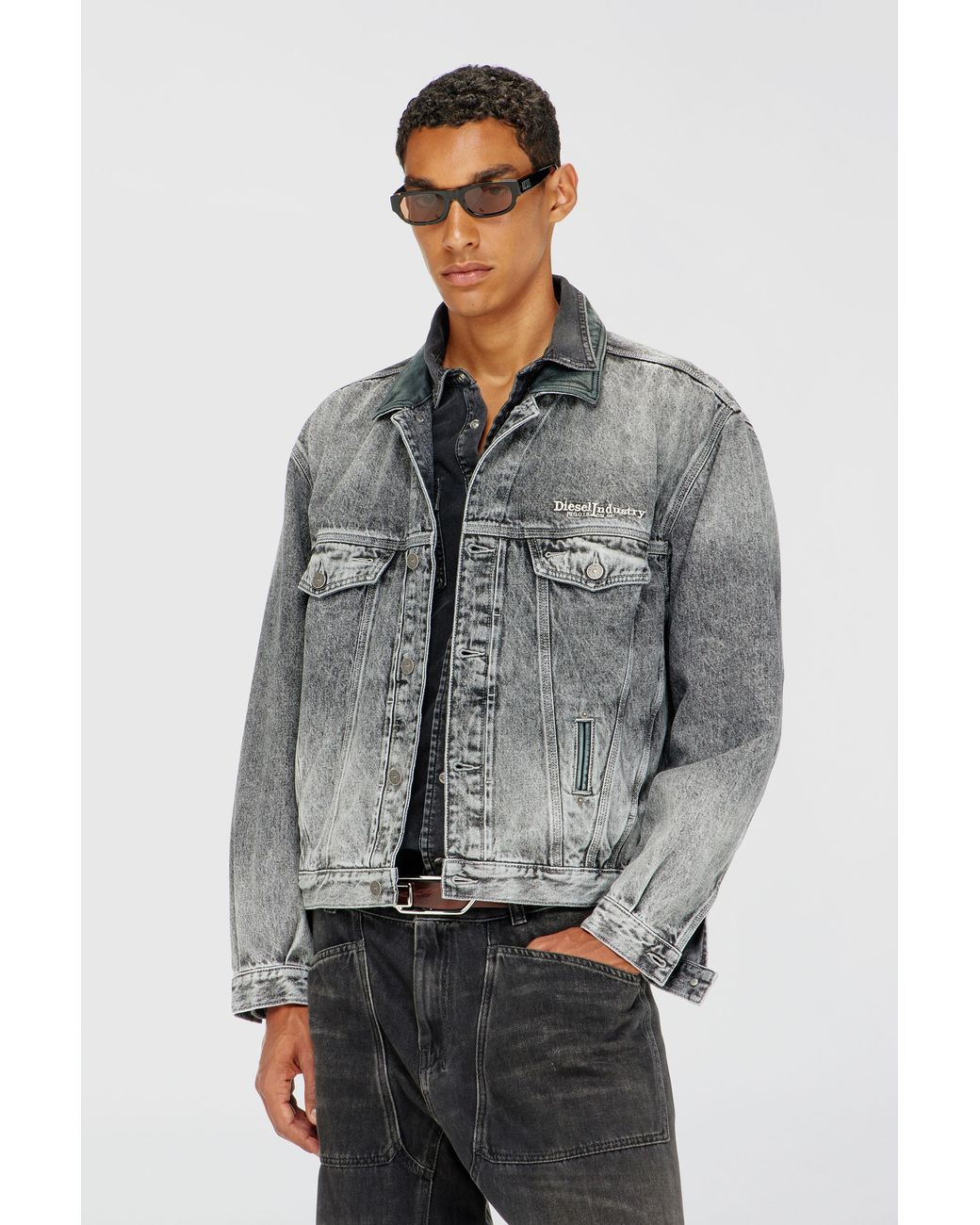 DIESEL Gray Denim Trucker Jacket With Tonal Leather Trims