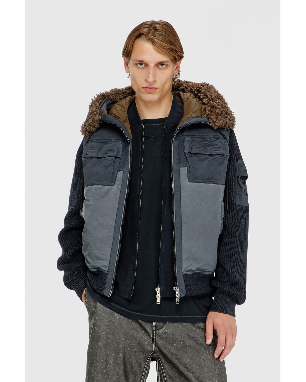 DIESEL Black Hooded Padded Jacket With Knitted Sleeves for men