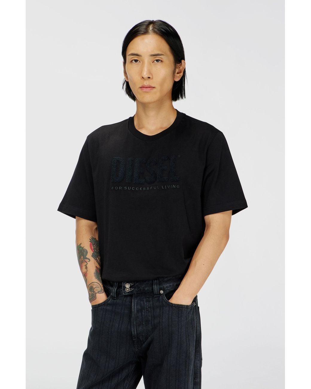 DIESEL Black Cotton T-Shirt With Tonal Logo Print for men